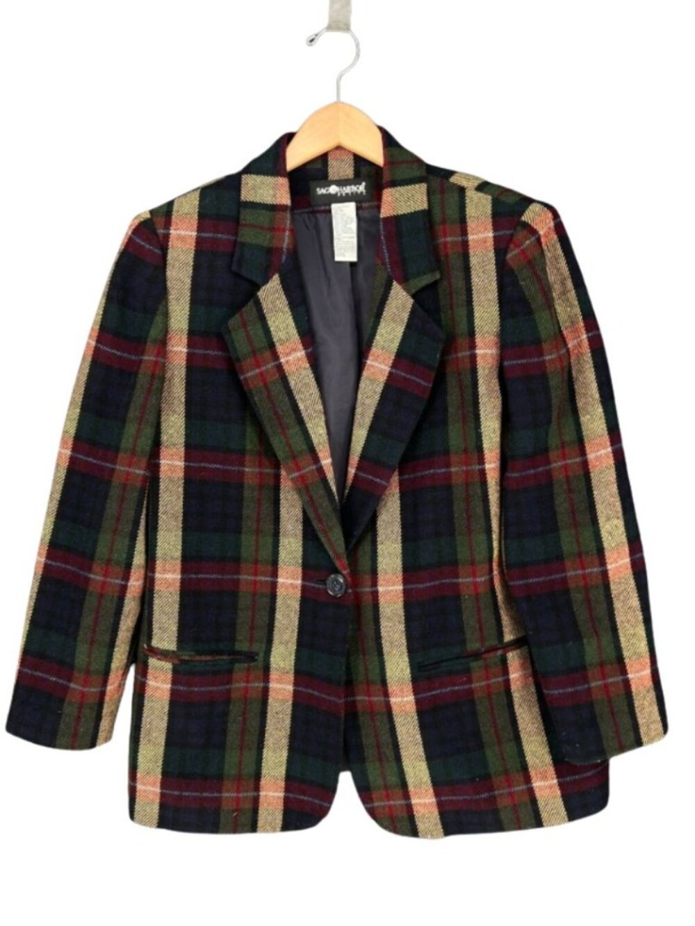 90s Wool Blend Earth Tone Plaid Blazer Jacket Womens size 12 Academia Collegiate